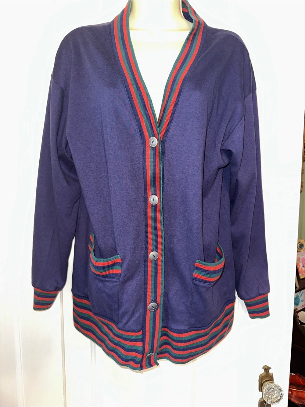 Vintage 80s Aileen Sport Navy Striped Trim Long Cotton Cardigan Jacket